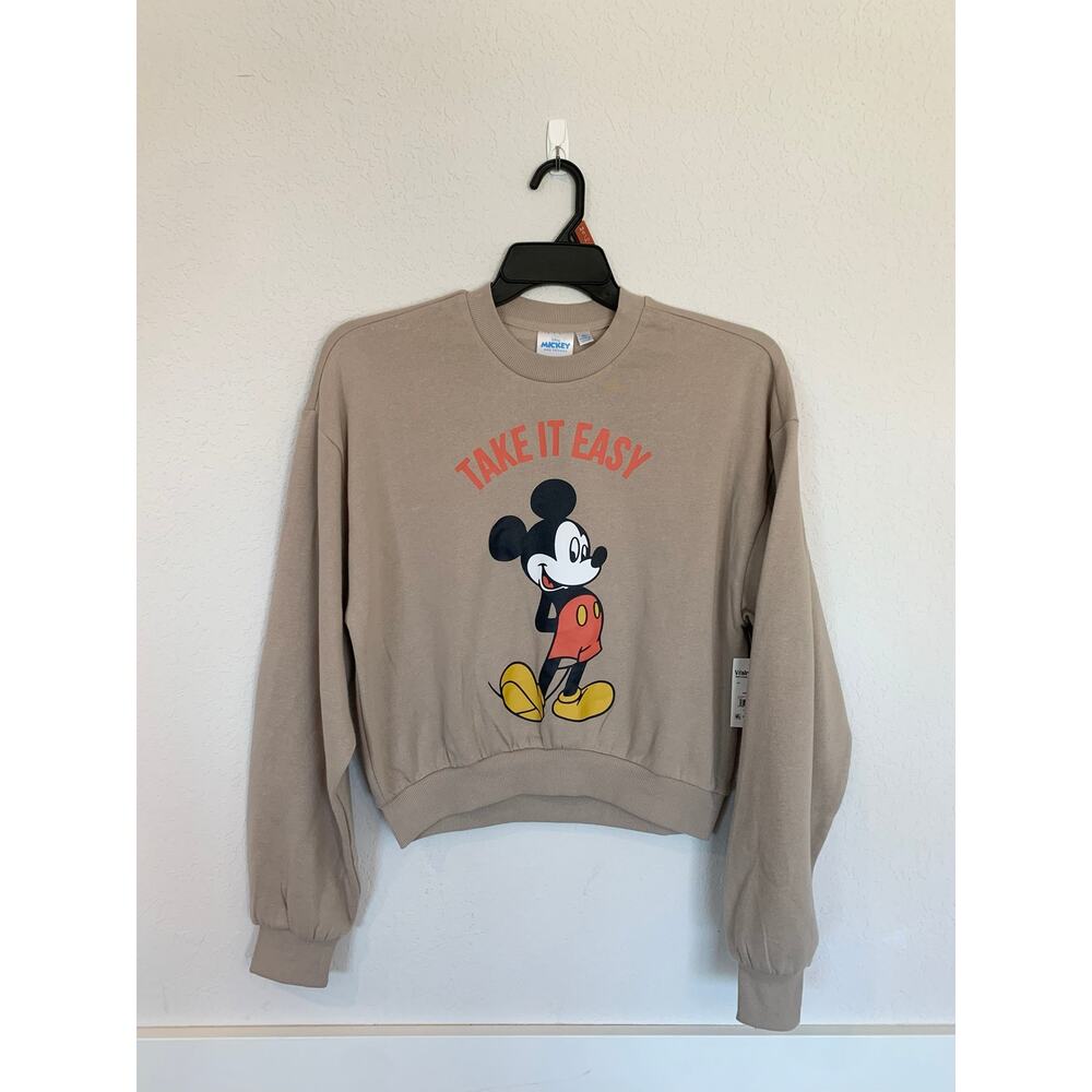 Disney Mickey Mouse Take It Easy Taupe Crop Sweatshirt Medium Women’s NWT